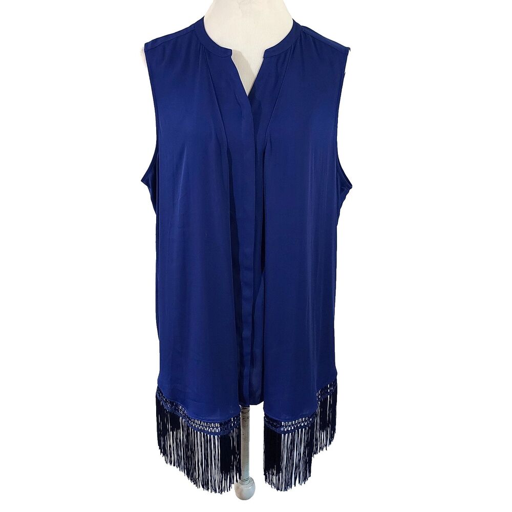 Chico's Fringe Shirt Top Size 3 Womens XL Sleeveless Button Up Blue Blouse